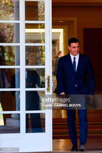 Spanish Prime Minister Pedro Sanchez arrives to greet his Luxembourger counterpart ahead of a meeting at the Moncloa Palace in Madrid on February 14,...