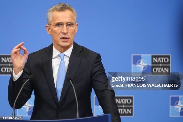 Secretary General Jens Stoltenberg gives a press conference following the North Atlantic Council of Defence Ministers, at the NATO headquarters in...