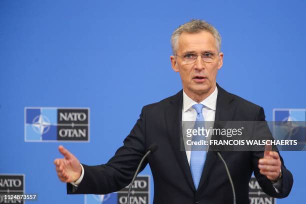 Secretary General Jens Stoltenberg gives a press conference following the North Atlantic Council of Defence Ministers, at the NATO headquarters in...