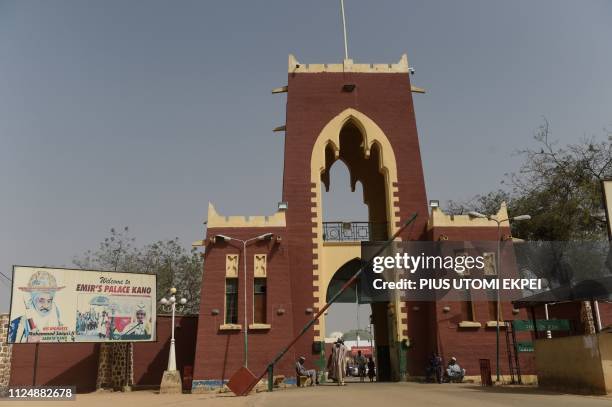 The barrier is lifted at the gate to Palace of the Emir of Kano, Sanusi Lamido Sanusi, in Kano on February 14, 2019. - The Palace of the Emir of Kano...