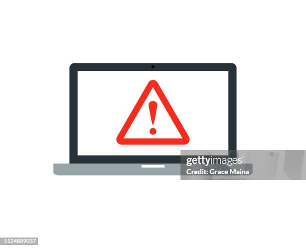 laptop computer with a security a red caution icon symbol - computer keyboard white background stock illustrations