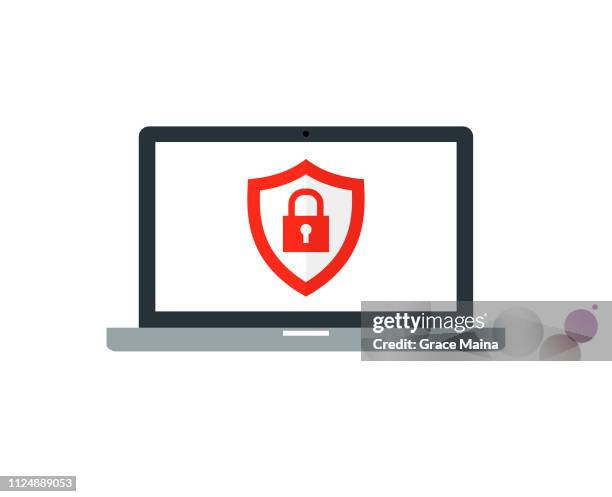 laptop computer with a red shield and a red padlock icon symbols - computer keyboard white background stock illustrations