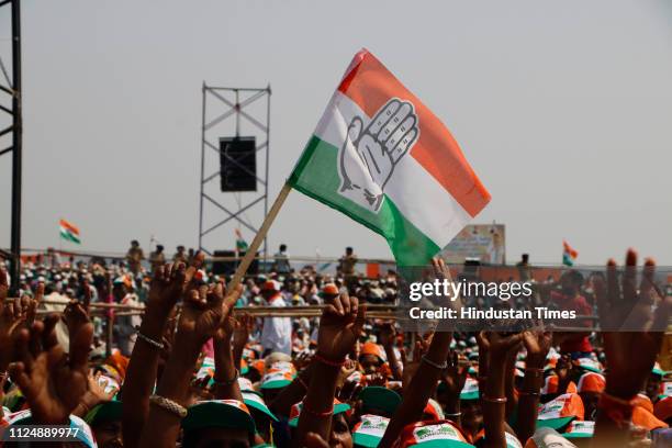 Congress supporters with the party flags during Jan Akrosh Rally, at Lal Dungri village of Valsad district, on February 14, 2019 in Valsad, India....