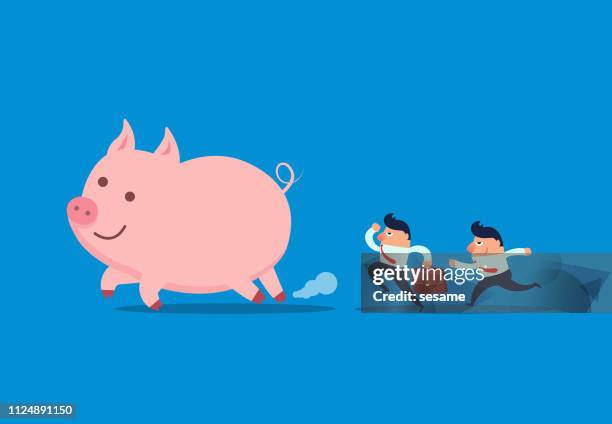 two businessmen chasing pigs running - breakout group stock illustrations