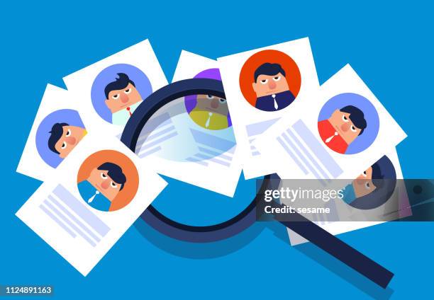 pile of resumes with magnifying glass - choosing candidate stock illustrations