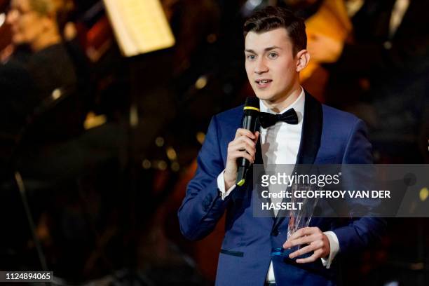 French classical guitar virtuoso Thibaut Garcia speaks after being awarded during the Victoires de la musique classique ceremony at The Seine...