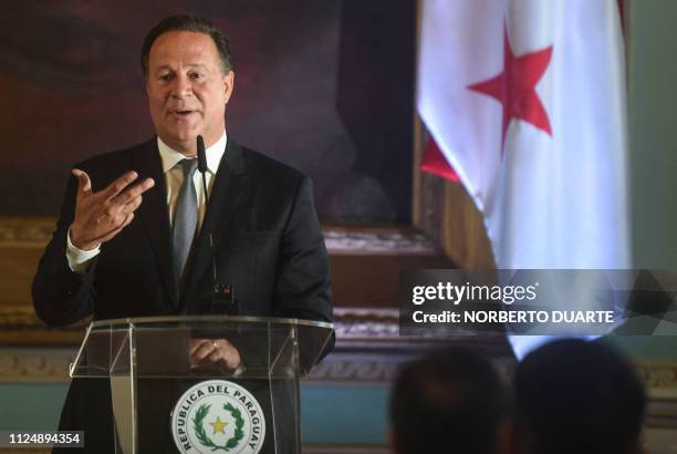 Panama's President Juan Carlos Varela delivers a joint statement with Paraguay's President Mario Abdo Benitez , after signing bilateral agreements at...