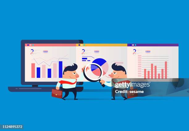 business data analysis and financial reporting - man checking computer stock illustrations
