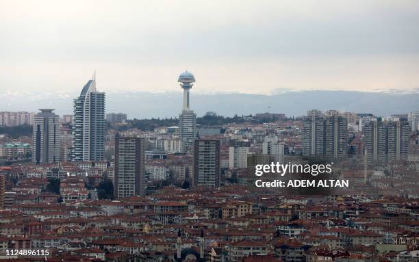 The Atakule Shopping Center located in Çankaya district in Ankara is seen among the buildings on February 14, 2019.