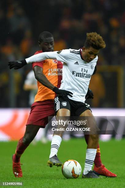 Benfica's Portuguese midfielder Gedson Fernandes fights for the ball with Galatasaray's Senegalese midfielder Papa Alioune Ndiaye during the UEFA...