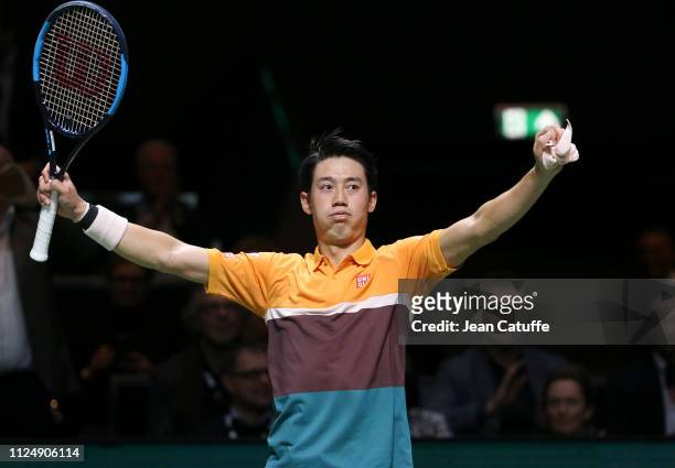 Kei Nishikori of Japan celebrates his victory over Ernests Gulbis of Latvia in straight sets during Day 4 of the ABN AMRO World Tennis Tournament at...