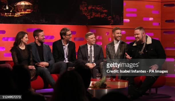 Felicity Jones, Armie Hammer, Stephen Merchant, Rob Beckett, Calvin Harris and Rag'n'Bone Man during the filming for the Graham Norton Show at BBC...