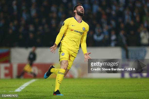 Olivier Giroud of Chelsea reacts during the UEFA Europa League Round of 32 First Leg match between Malmo FF and Chelsea at Malmo Stadion on February...