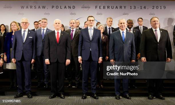 Polish FM Jacek Czaputowicz, US Vice President Mike Pence, Polish PM Mateusz Morawiecki, Israeli PM Benjamin Netanyahu and US Secretary of State Mike...