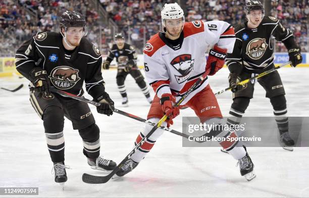 Hershey Bears defenseman Lucas Johansen defends Charlotte Checkers center Nicolas Roy during the Charlotte Checkers vs. Hershey Bears AHL game...