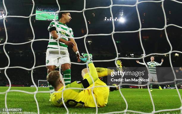 Emilio Izaguirre of Celtic looks on after Celtic concede their second goal during the UEFA Europa League Round of 32 First Leg match between Celtic...