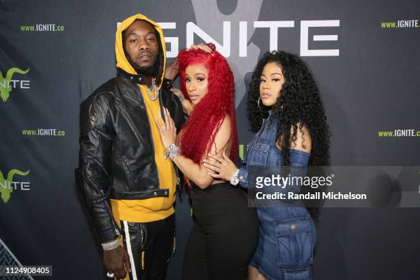 Offset, Cardi B and Hennessy Carolina attend Ignite's Angels and Devils Pre-Valentine's Day Party on February 13, 2019 in Bel Air, California.