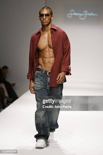 Model wearing Sean John 2005 Collection during Miami Fashion Week Funkshion Fusion 2005 - Sean John - Runway at The Tents at Ocean Drive in Miami...