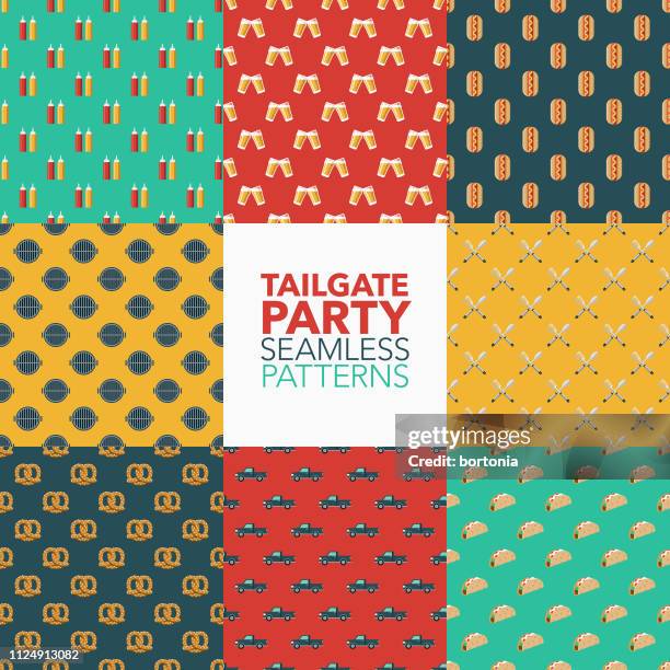 tailgate party seamless patterns - taco truck background stock illustrations
