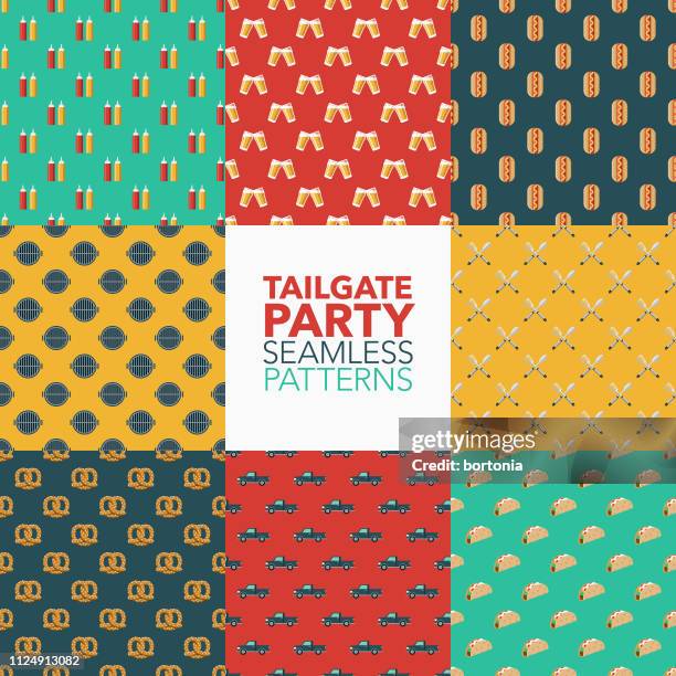 tailgate party seamless patterns - double hotdog stock illustrations