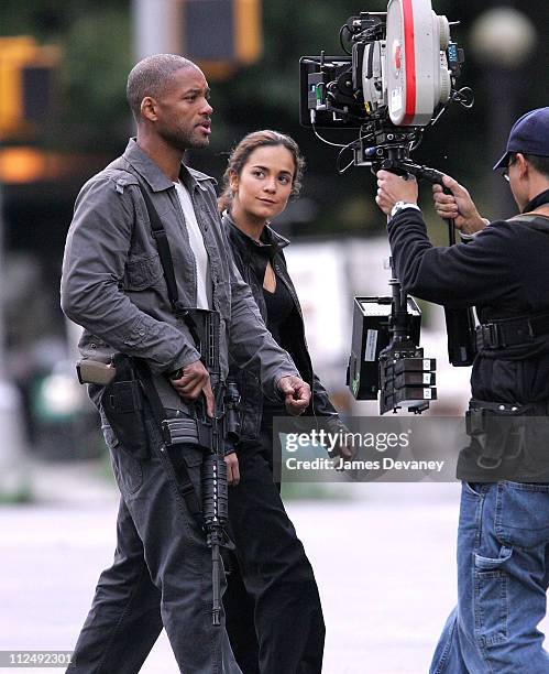 Will Smith and Alice Braga during Will Smith and Alice Braga on Set of "I am Legend" - October 15, 2006 at Columbus Circle in New York City, New...