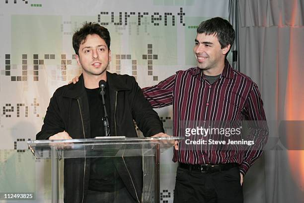 Sergey Brin and Larry Page, co-founders of Google during Current TV Launch Party and Rally with Al Gore and Joel Hyatt at INdTV Headquarters San...