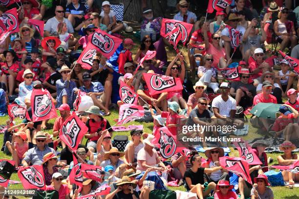 Sixers fans wave flags during the Women's Big Bash League Final between the Sydney Sixers and the Brisbane Heat at Drummoyne Oval on January 26, 2019...