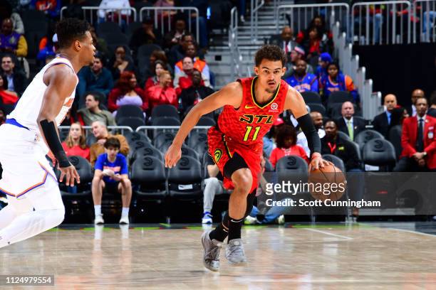 Trae Young of the Atlanta Hawks dribbles up court against the New York Knicks on February 14, 2019 at State Farm Arena in Atlanta, Georgia. NOTE TO...