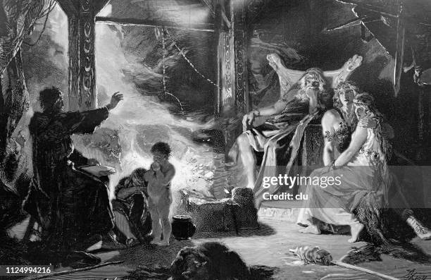 a missionary preaches the christmas gospel to the old germans - bible stories stock illustrations