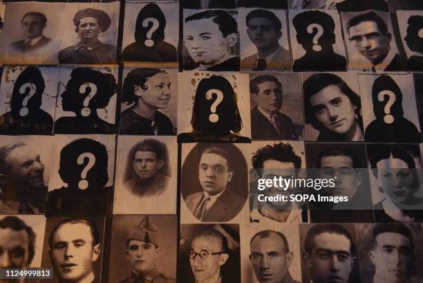 Pictures of missing people during the dictatorship of Francisco Franco are seen during the protest Around hundred people gathered in Madrid to...