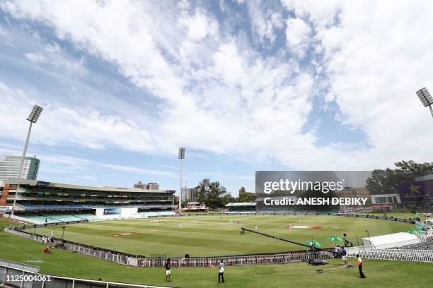 This picture taken on February 15, 2019 shows a general view of Kingsmead Cricket Ground in Durban during the 3rd day of the first Test cricket match...