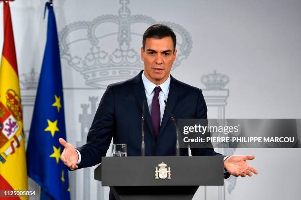 Spanish Prime Minister Pedro Sanchez holds a press conference after a cabinet meeting at the Moncloa Palace in Madrid on February 15, 2019. - Eight...