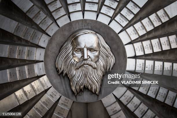 Picture taken on January 13, 2019 shows a sculpture of Russian chemist Dmitri Mendeleev. The monument made of milled stainless steel by sculptor...