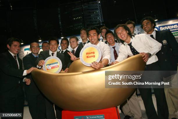 Hong Kong rugby team's players posed for photo after the official draw for the Cathay Pacific/Credit Suisse Hong Kong Sevens 2007 at Exchange Square...