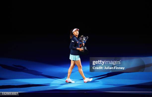 Naomi Osaka of Japan takes part in a lap of honour with the Daphne Akhurst Memorial Cup following victory in her Women's Singles Final match against...