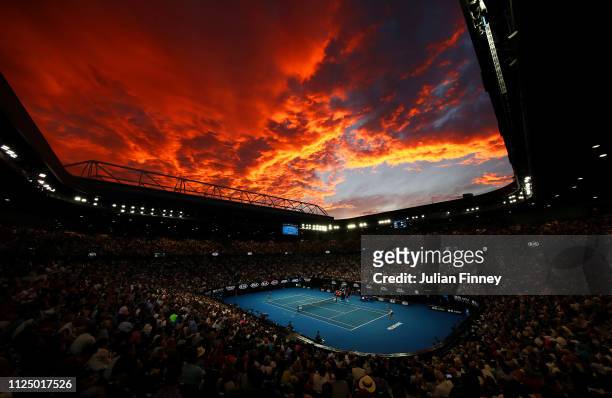 Sunset as Naomi Osaka of Japan competes in her Women's Singles Final match against Petra Kvitova of the Czech Republic during day 13 of the 2019...
