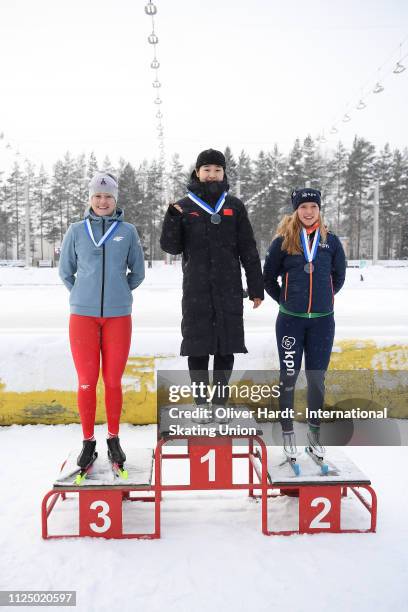 Karolina Gasecka of Poland with the silver medal, Yuhan Ma of China with the gold medal and Paulien Verhaar of Netherlands with the bronze medal...