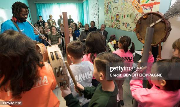 Queen Mathilde of Belgium visits the Fernand Philippe center for troubled women and children, in Wanfercee-Baulet, Fleurus, on February 15, 2019. -...