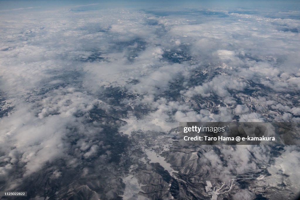 Kitashiobara village in Fukushima prefecture in Japan daytime aerial view from airplane