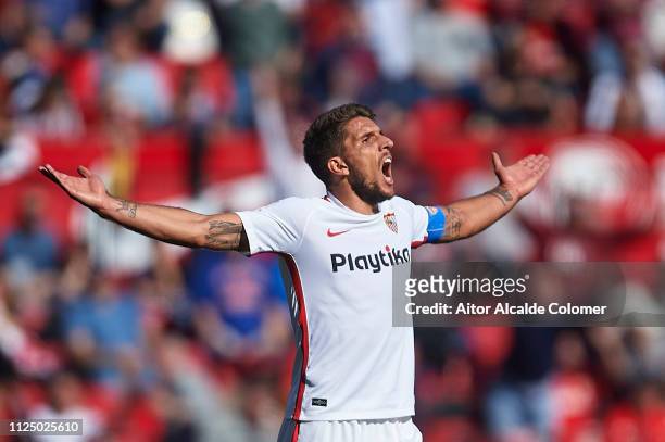 Daniel Carrico of Sevilla FC reacts during the La Liga match between Sevilla FC and Levante UD at Estadio Ramon Sanchez Pizjuan on January 26, 2019...
