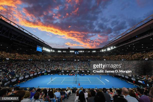 General view on Rod Laver Arena at sunset during the Women's singles macth between Naomi Osaka of Japan and Petra Kvitova of Czechoslovakia during...