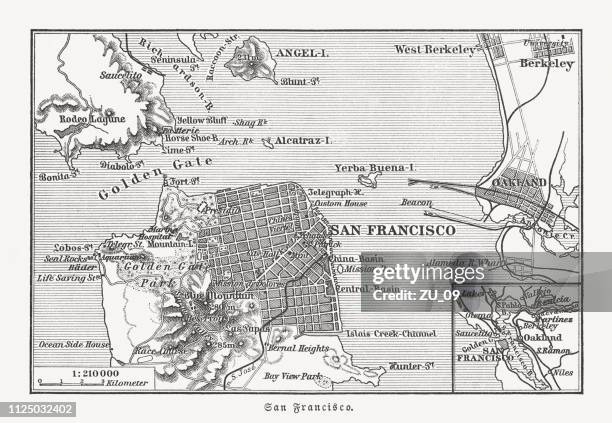 historical map of san francisco and surroundings, woodcut, published 1897 - berkeley california history stock illustrations