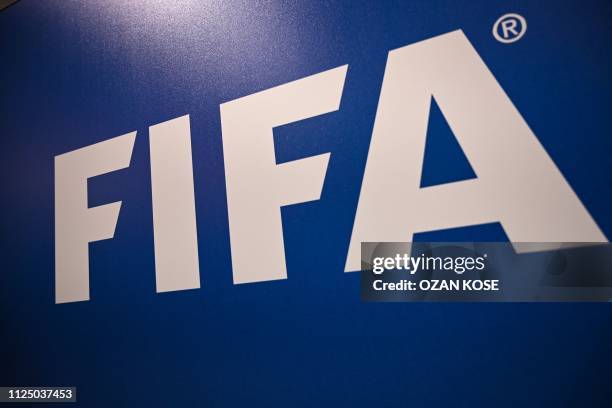 Picture shows the FIFA logo during a press conference held by the president of the football's governing body at the FIFA Executive Football Summit on...