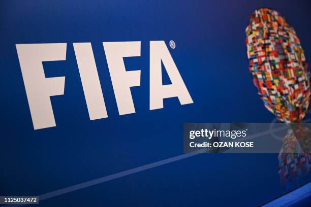 Picture shows the FIFA logo during a press conference held by the president of the football's governing body at the FIFA Executive Football Summit on...