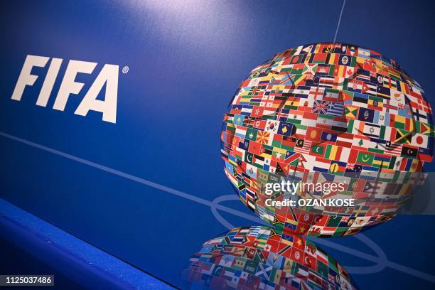 Picture shows the FIFA logo during a press conference held by the president of the football's governing body at the FIFA Executive Football Summit on...