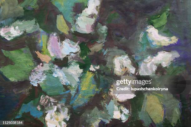 stockillustraties, clipart, cartoons en iconen met trendy voorjaar illustratie moderne kunst werken mijn origineel olieverfschilderij op doek impressionisme horizontale landschap bush vogelkers tak bloemen en knoppen van een plant die verlicht door de zon - schilderij