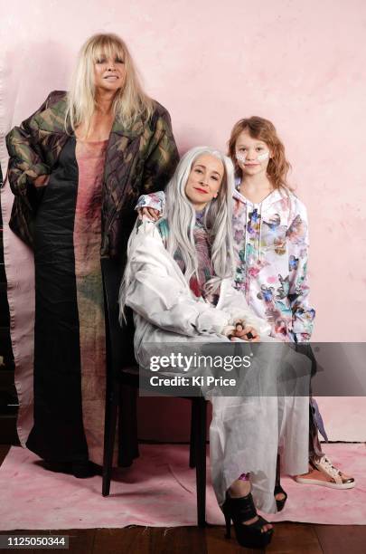 Jo Wood with daughter Leah Wood and Granddaughter Maggie Macdonald backstage ahead of the VIN + OMI show during London Fashion Week February 2019 on...
