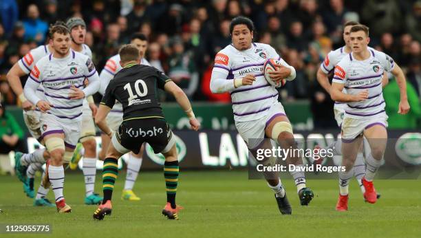 Fred Tuilagi of Leicester Tigers charges upfield during the Premiership Rugby Cup match between Northampton Saints and Leicester Tigers at Franklin's...