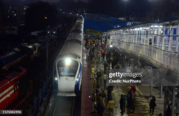 New Delhi to varansi Vande Bharat express Train arrives at Allahbad Junction station in Allahabad on February 15,2019. The Vande Bharat Express train...