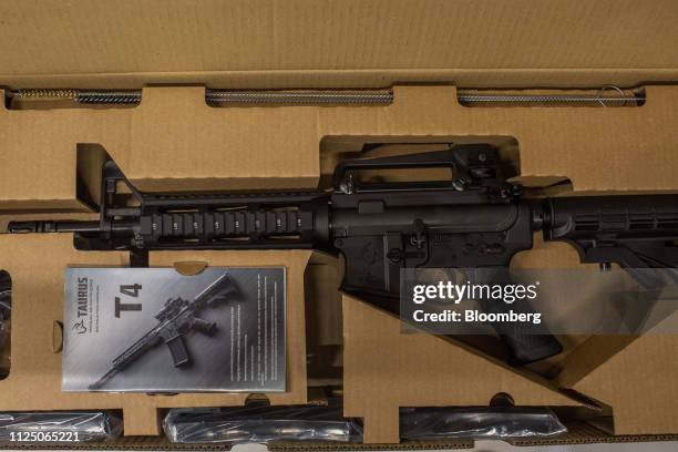 Forjas Taurus SA T4 carbine rifle sits in packaging at the company's manufacturing facility in Sao Leopoldo, Brazil, on Tuesday, Feb. 5, 2019. Last...